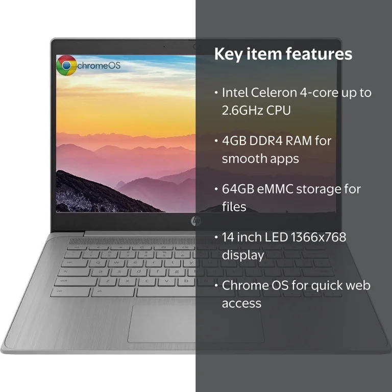 HP 14 Inch Chromebook, Intel N4120, 4GB RAM, 64GB eMMC, UHD