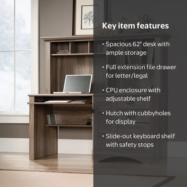 Sauder Harbor View Computer Desk With Hutch, Salt Oak Finish