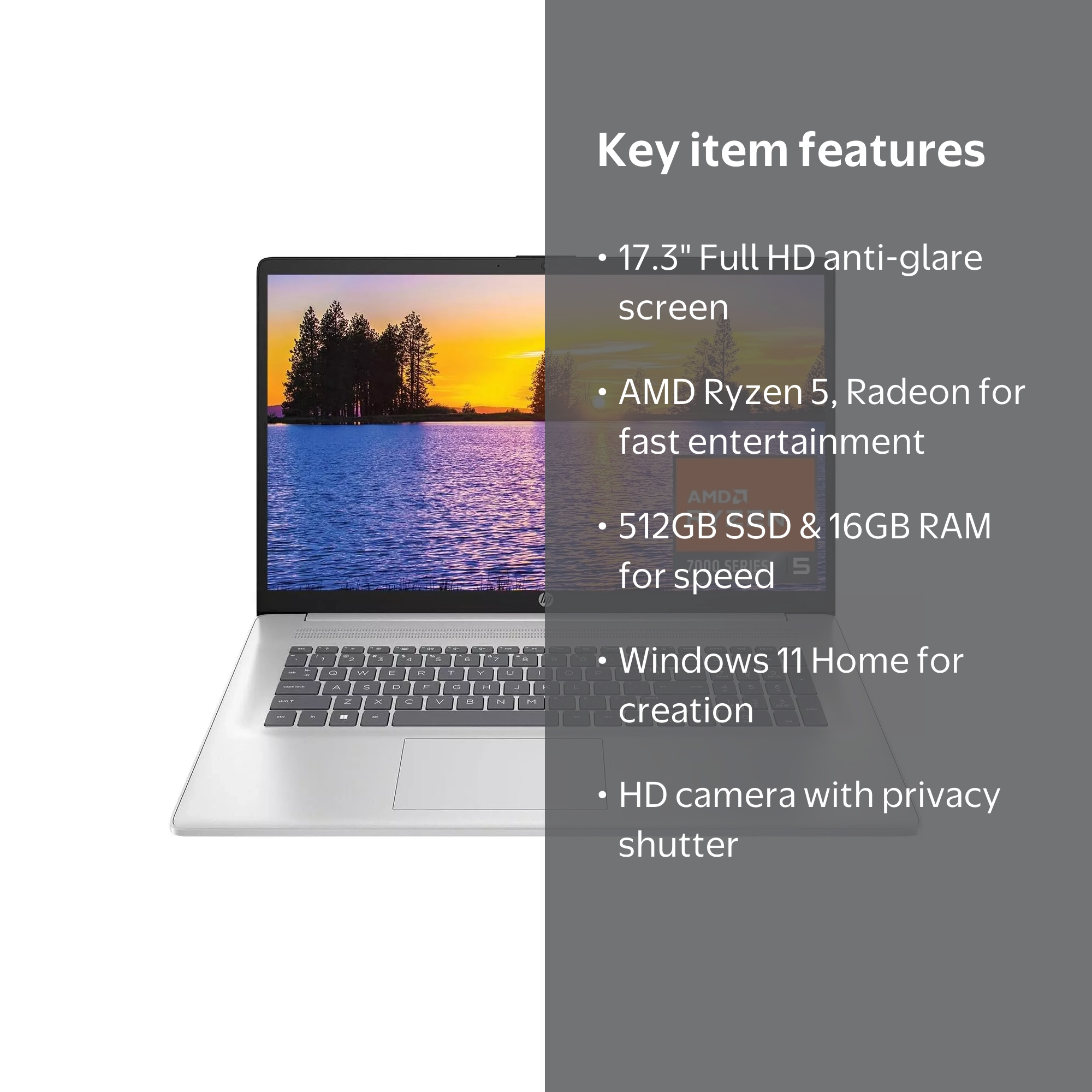 HP 17.3 inch Laptop, FHD Display, AMD Ryzen 5 7520U, 16 GB RAM