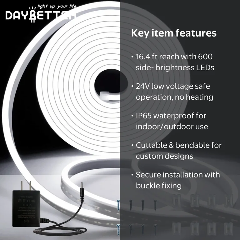 DAYBETTER 16.4ft White LED Neon Rope Lights, Flexible PVC Silicone