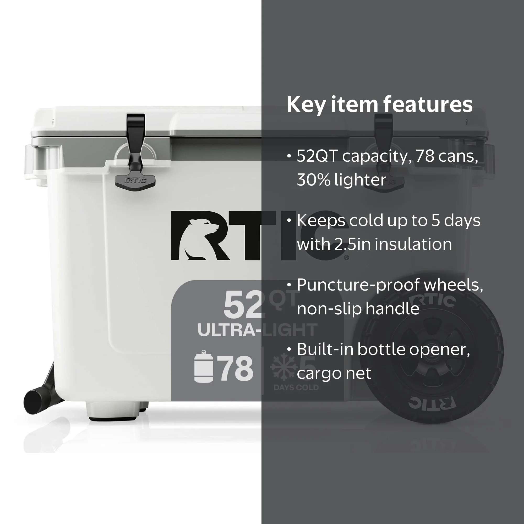 ゆっきー RTIC, Cooler, 52 QT Wheeled Hard-Sided Ice Chest, Fits 76 cans