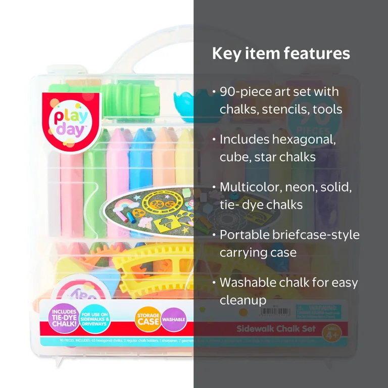 Play Day 90-Piece Multicolor Sidewalk Chalk Set with Stencils and