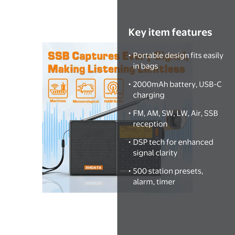 XHDATA D-808 DSP Battery USB Port Portable Shortwave Radio with