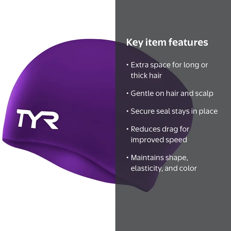 TYR, Adult Swim Cap, Long Hair Silicone, Wrinkle Free Purple