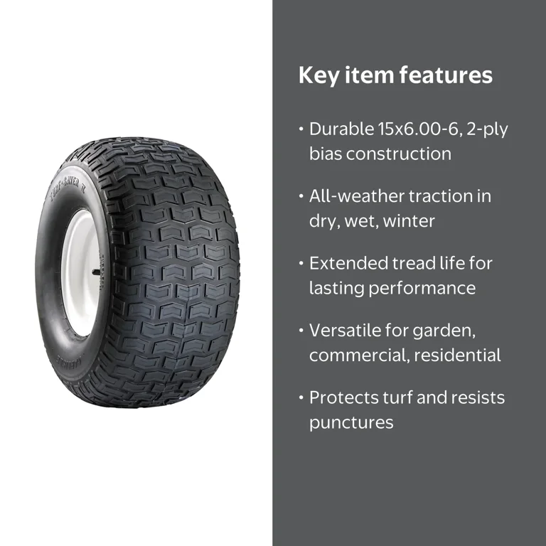 Carlisle, Turf Saver II Tire, 15X6.00-6, 2 Ply All Season