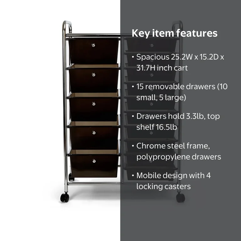 Seville Classics 15-Drawer Organizer Cart, Black, Mobile Storage