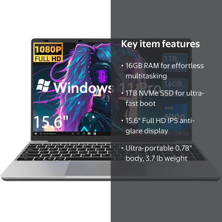 15.6 inch Windows 11 Pro Laptop Intel Processor N100 16GB RAM 1TB