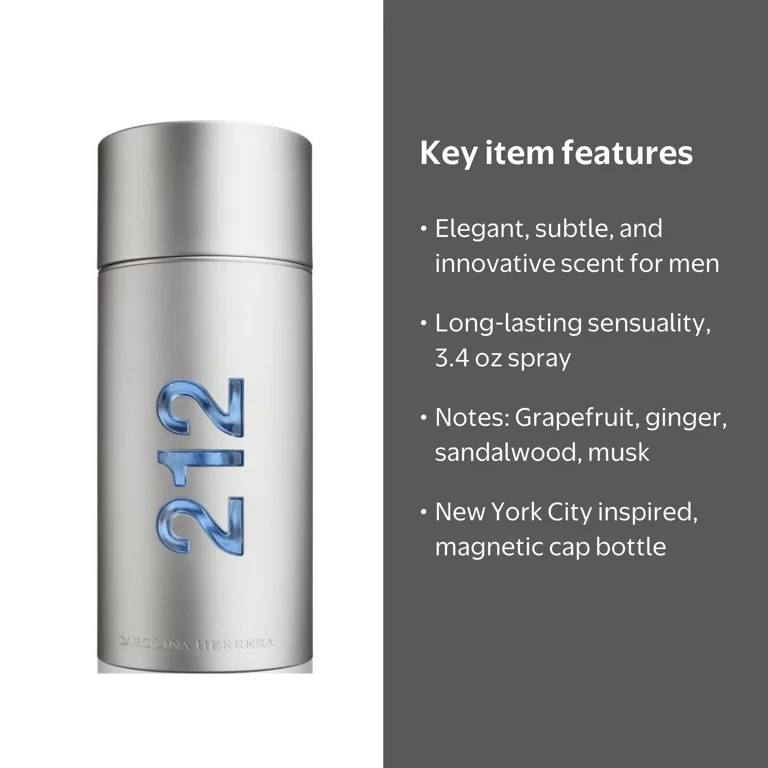 Carolina Herrera, 212 Cologne for Men, 3.4 Oz, Long Lasting