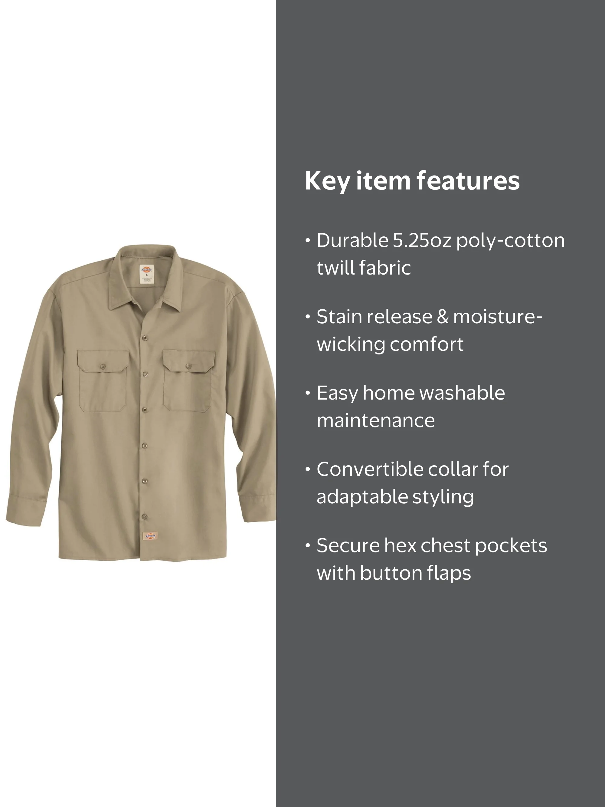 Dickies 5574 Twill, Button Down Long Sleeve Work Shirt - Khaki, L