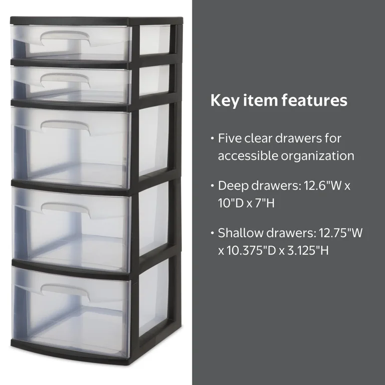Sterilite 5-Drawer Plastic Storage Tower, Dresser, Black with