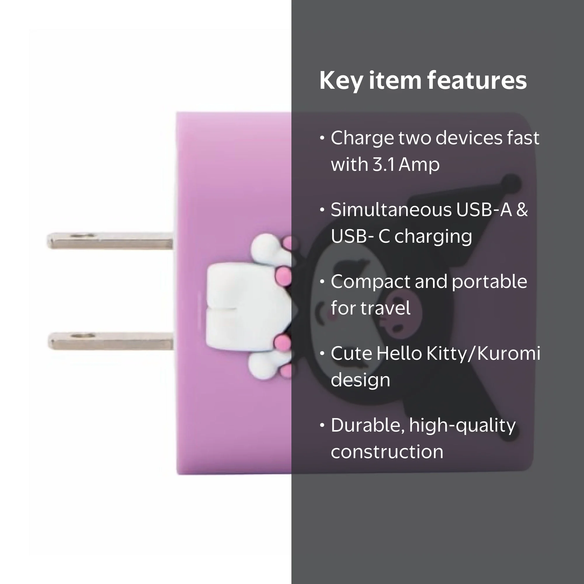 Sanrio Hello Kitty Kuromi Wall Charger 3.1 Amp USB-A & USB-C Dual