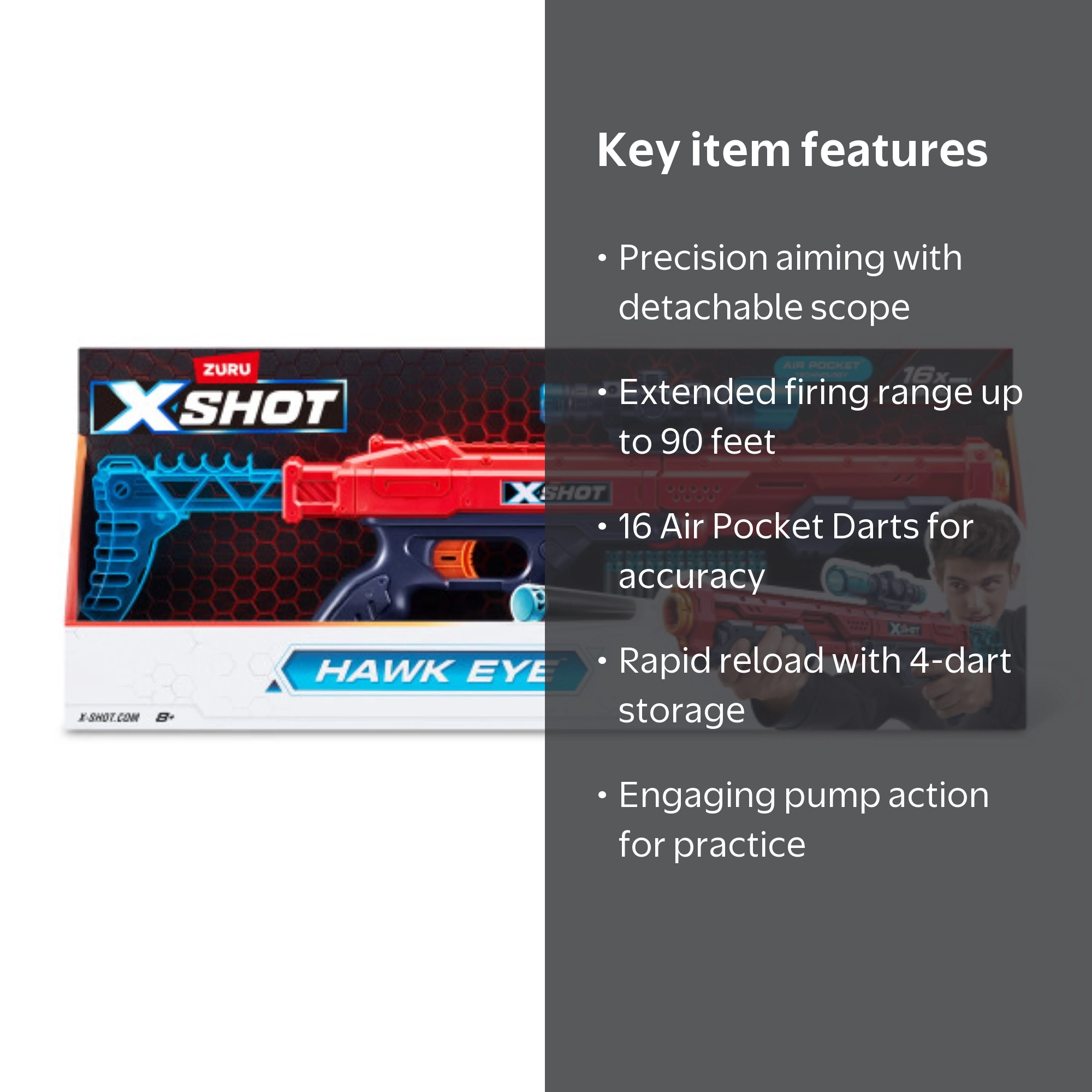 XSHOT Excel Hawk Eye Blaster, 16 Darts, Blue with Detachable Scope