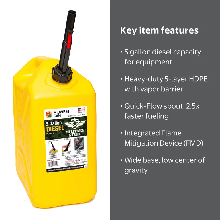 Midwest Can 8110 Plastic Jerry Can 5 Gallon Diesel Capacity