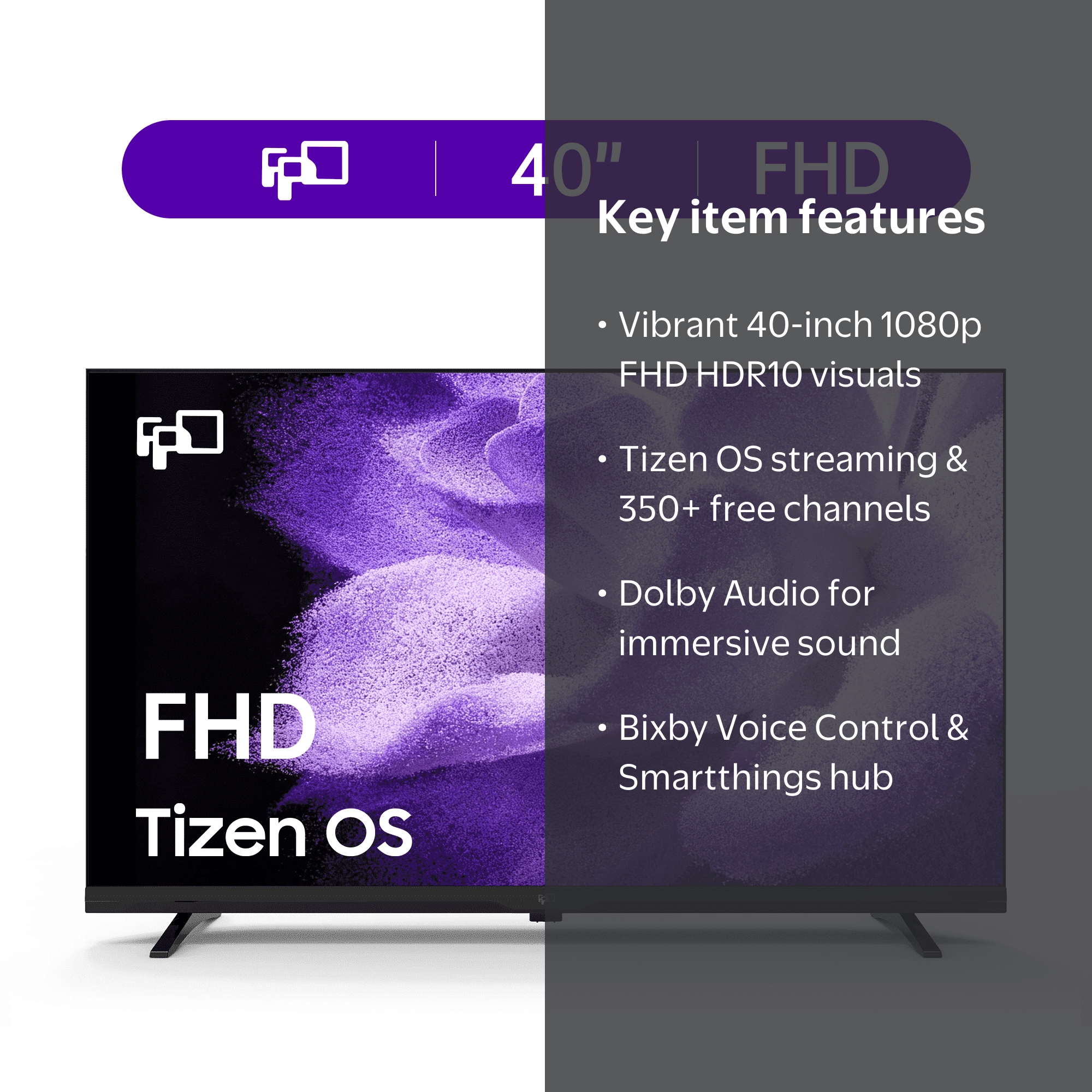 FPD 40-inch Smart TV with Tizen OS - 1080p FHD, HDR10, Dolby Audio