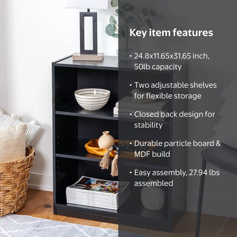 Mainstays Black Oak 3-Shelf Bookcase with Adjustable Shelves, 31