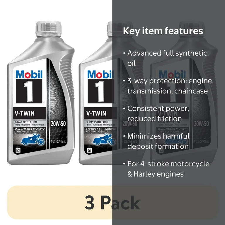 3 pack) Mobil 1 V-Twin Full Synthetic Motorcycle Oil 20W-50, 1