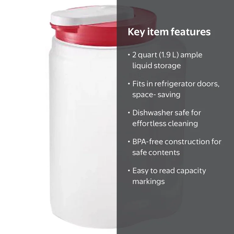 Rubbermaid, Pitcher, 2 QT, Red Lid, see-through capacity markings