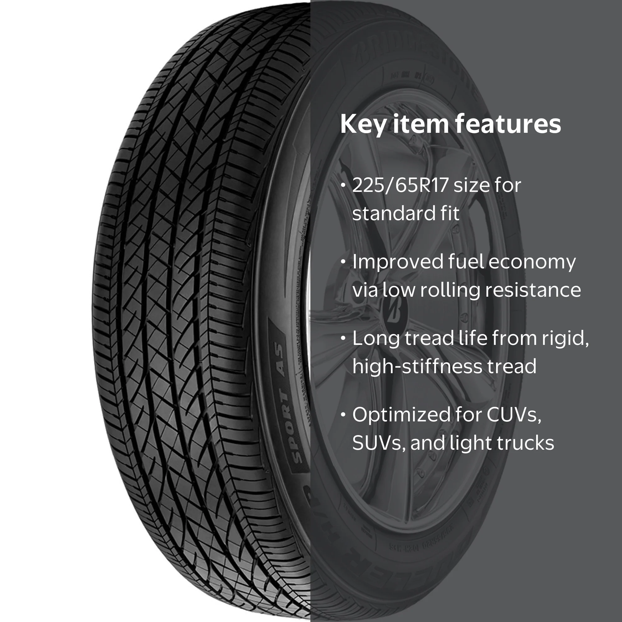 Bridgestone, Passenger Tire, 225/65R17 102T All Season, Water 