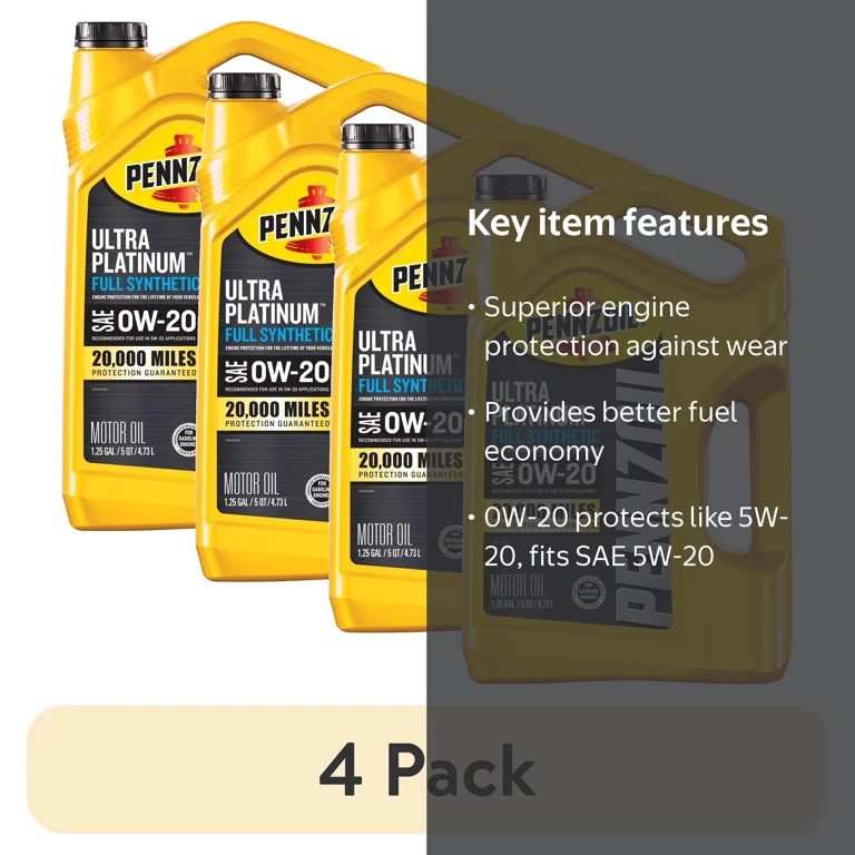 4 pack) Pennzoil Ultra Platinum Full Synthetic 0W-20 Motor Oil, 5