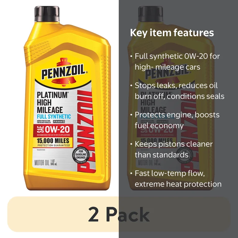 2 pack) Pennzoil Platinum High Mileage Full Synthetic 0W-20 Motor