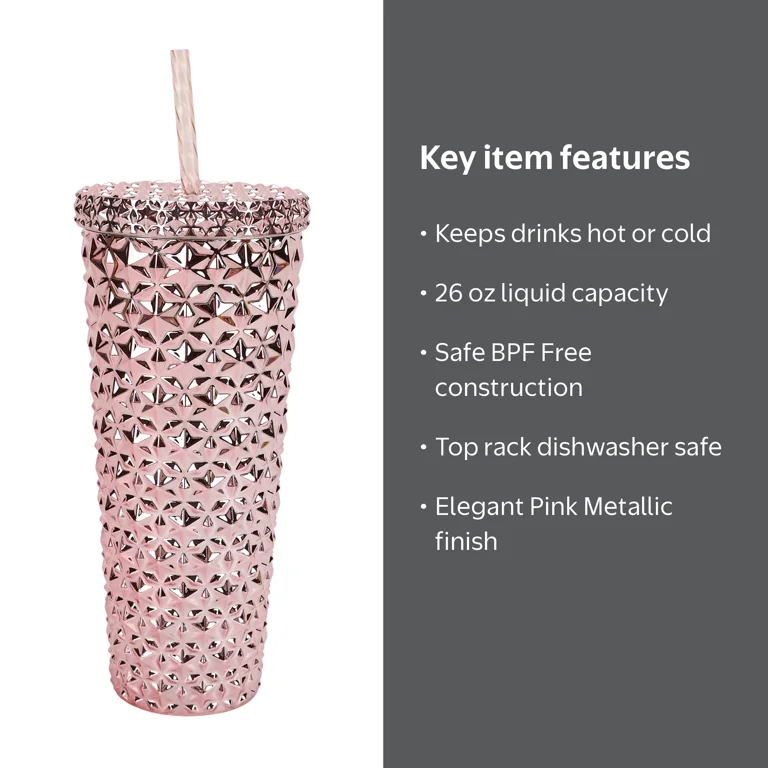 Holiday Time 26 oz Plastic Double Wall Textured Tumbler with Straw