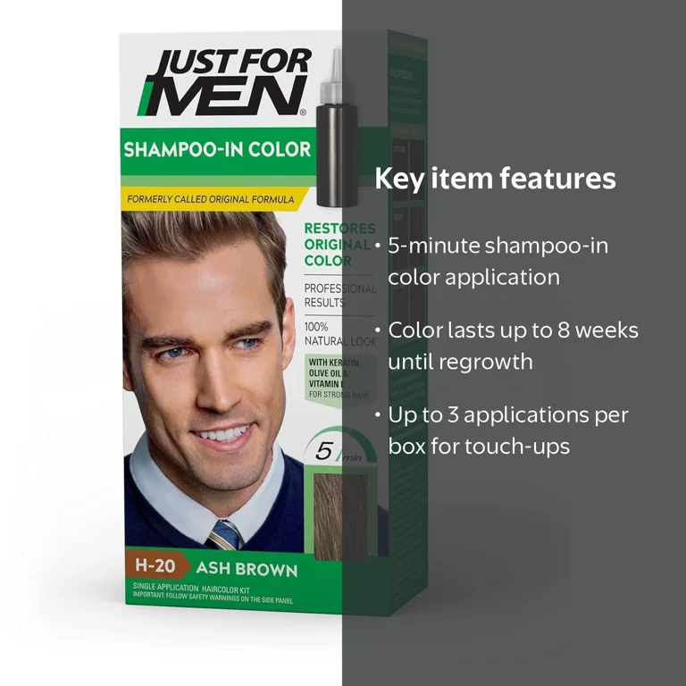 Just For Men Shampoo-in Hair Dye H-20 Ash Brown, Natural Look