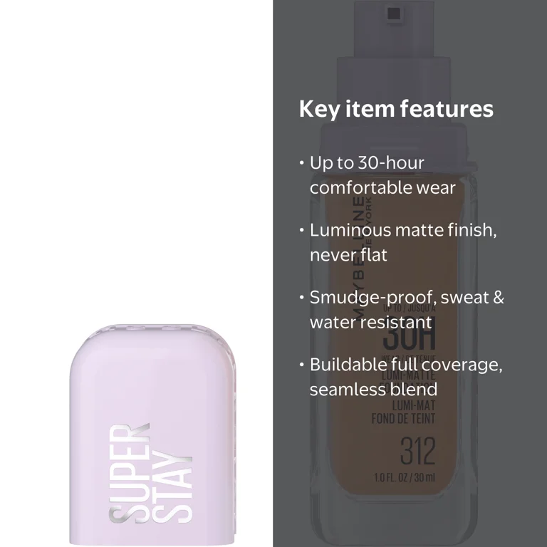Maybelline Super Stay Lumi-Matte Foundation Longwear Makeup 312, 1