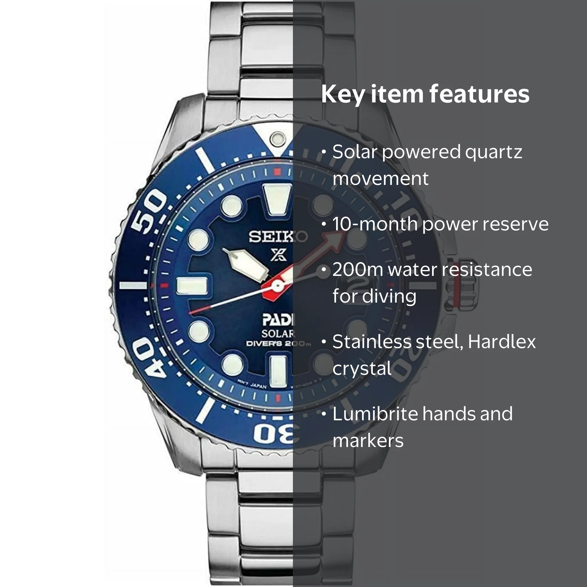 Seiko Mens Padi Solar Prospex Divers Stainless Steel Watch with