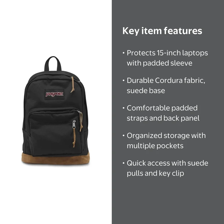 JanSport Right Pack, Black Laptop School Backpack, Padded 15-inch