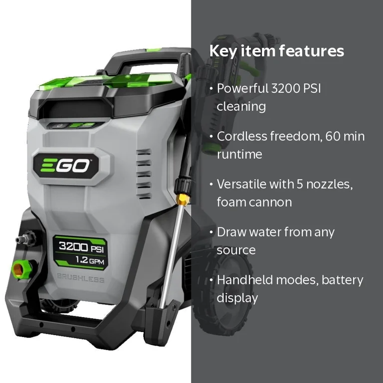 EGO Power+ 3200 PSI Pressure Washer, Battery Cold Water, 1.2 GPM