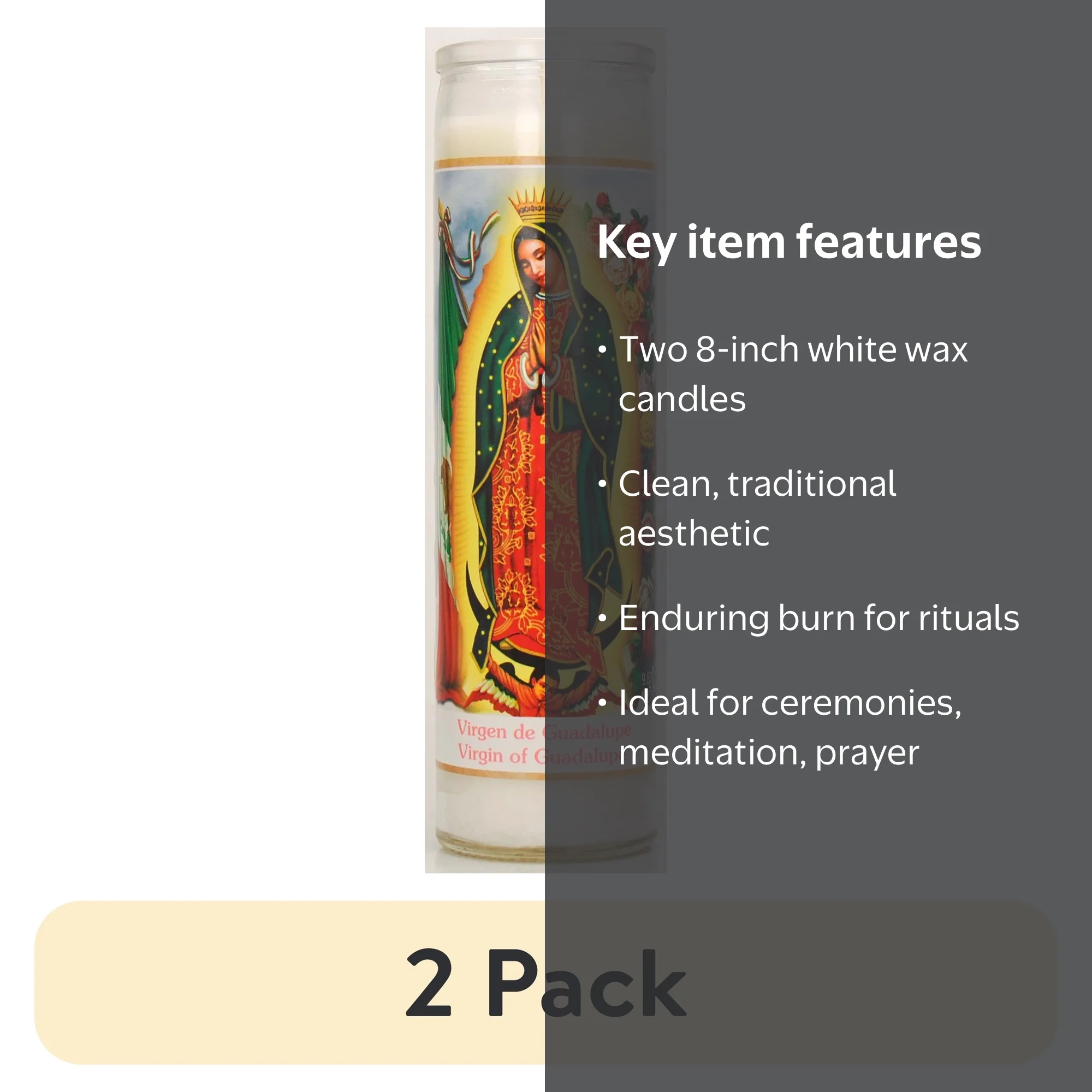 Religious Candle 2 Pack Prayer Candle Guadalupe White Wax 8 Inch