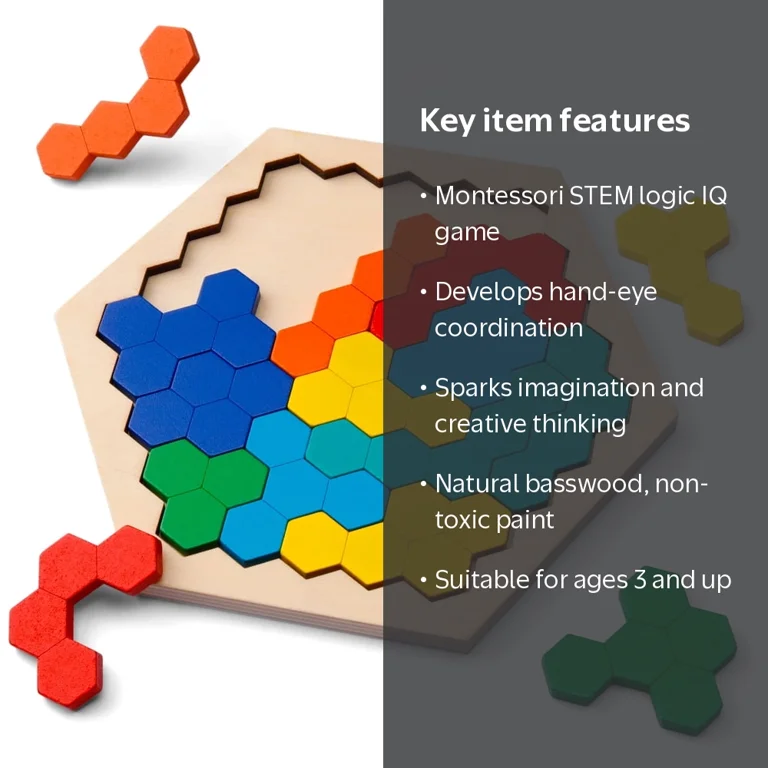 Coogam, Wooden Hexagon Puzzle for Kids and Adults, Montessori