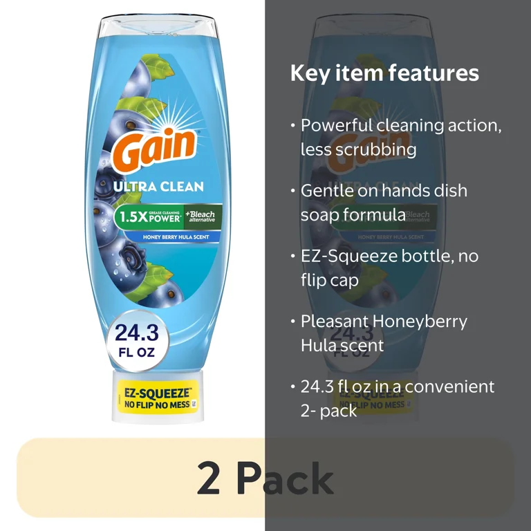 2 pack) Gain EZ-Squeeze Dishwashing Liquid Dish Soap, Honeyberry