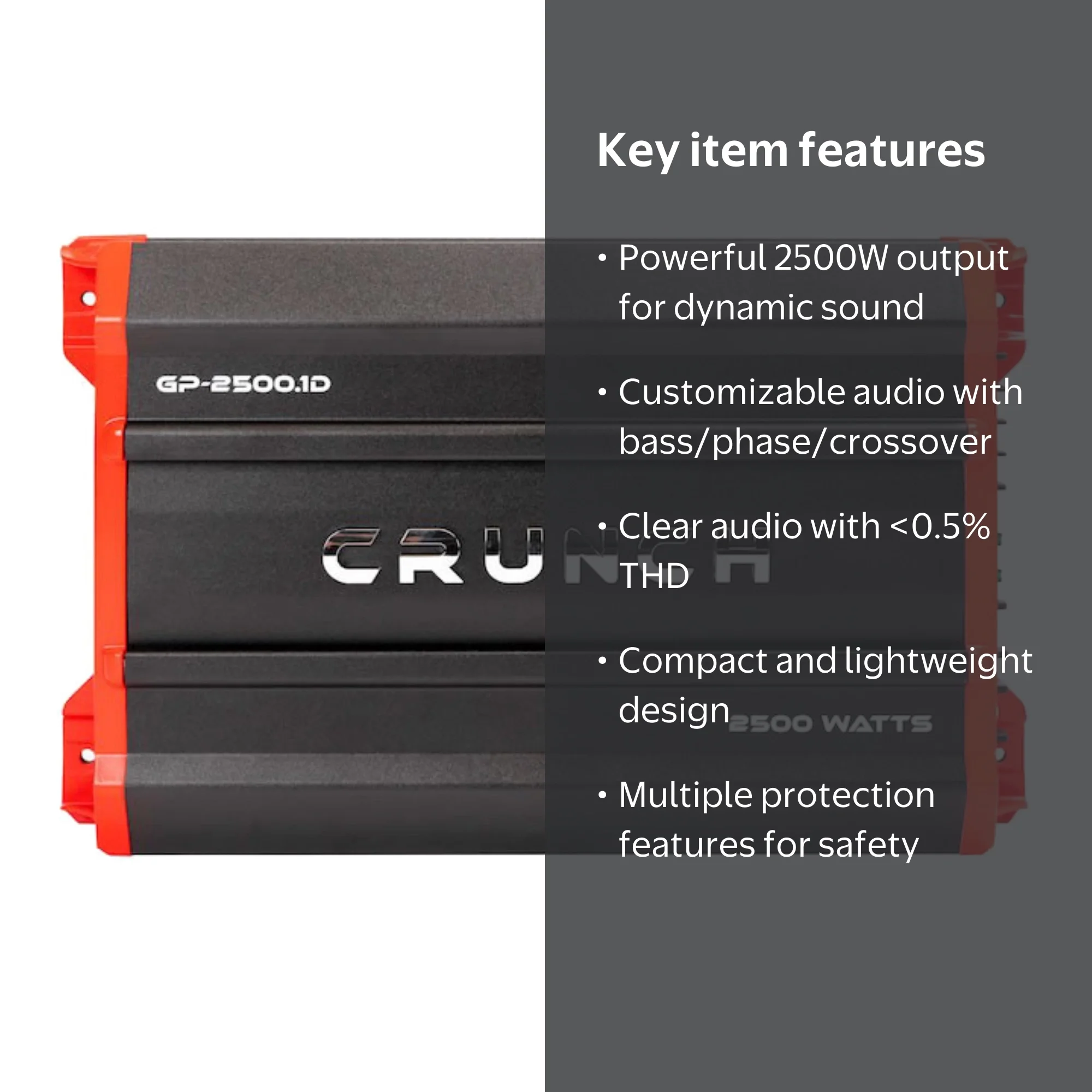 Crunch GP-2500.1 Mono Amplifier, 2500W, Black/Red, 6.1 lbs, Low