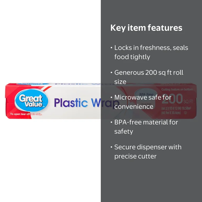 Great Value Plastic Wrap, 200 Sq Ft Clings Tight, Microwave Safe
