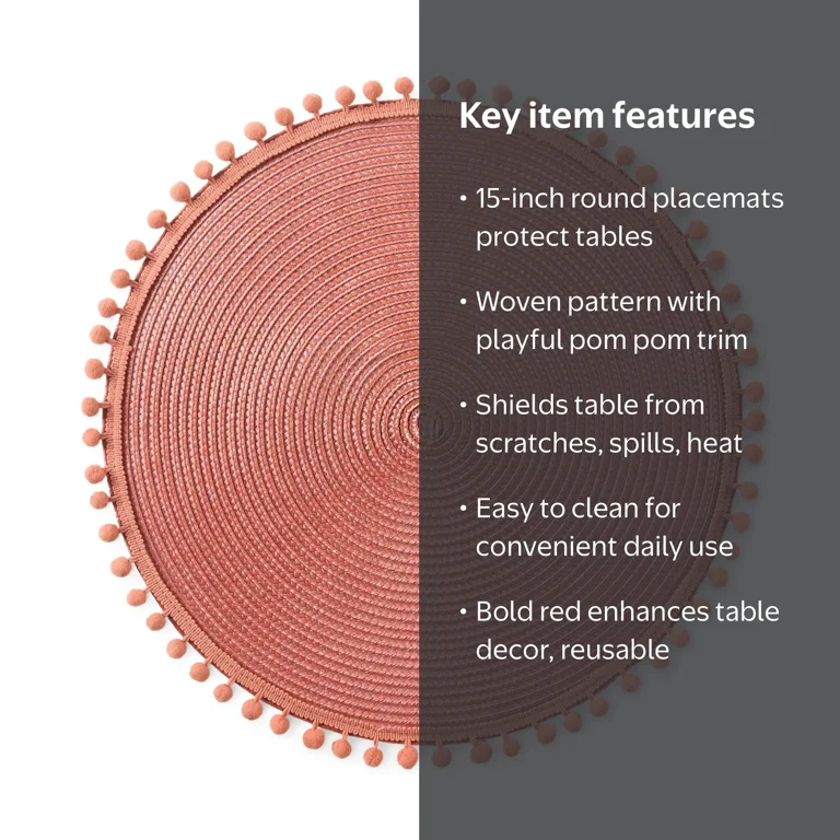 Mainstays Pom Pom Round Placemat Brick 15 inch Diameter Easy Care