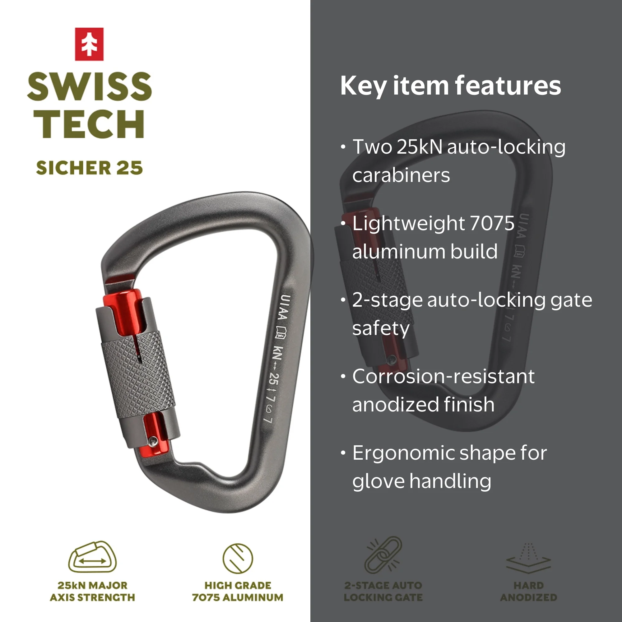 Swiss Tech 25kN Climbing Carabiners, 2 pack, Auto Locking, 7075