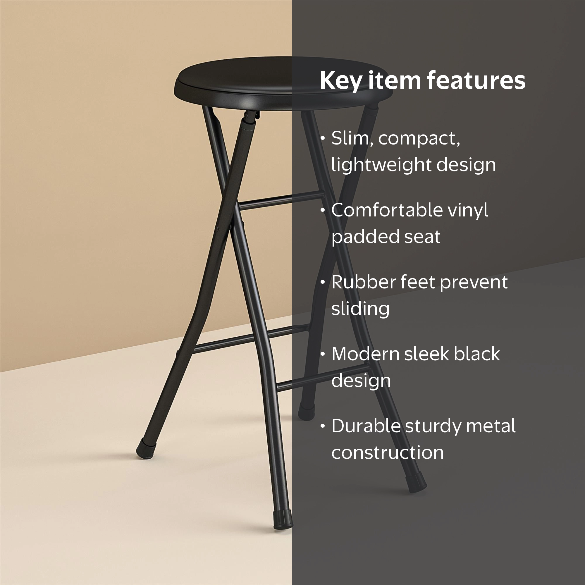 Mainstays Folding Metal Stool, Black, Lightweight Portable Compact