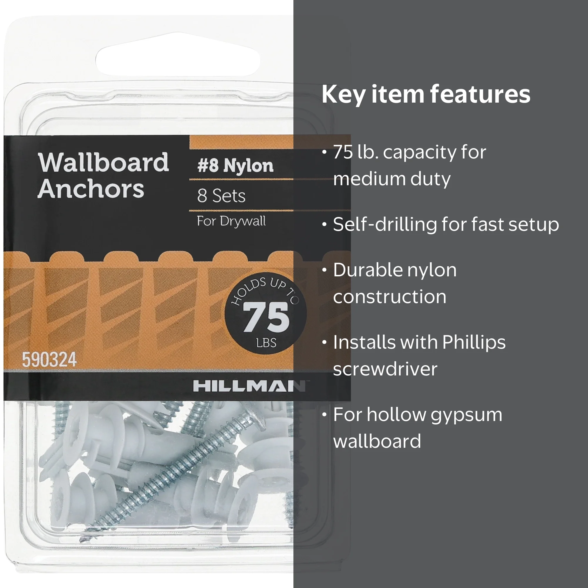 Hillman Drywall Anchor Screws, #8, Nylon, Pan Head Phillips, 75 lb