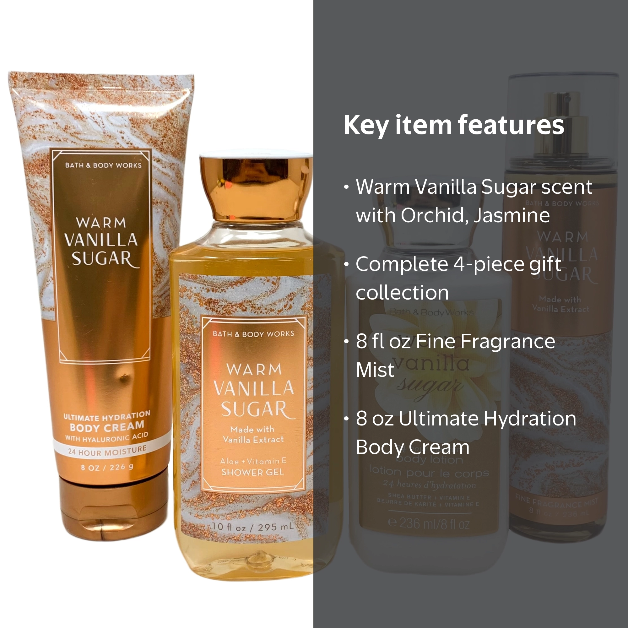 Bath and Body Works Warm Vanilla Sugar 4 Piece Gift Set - Includes