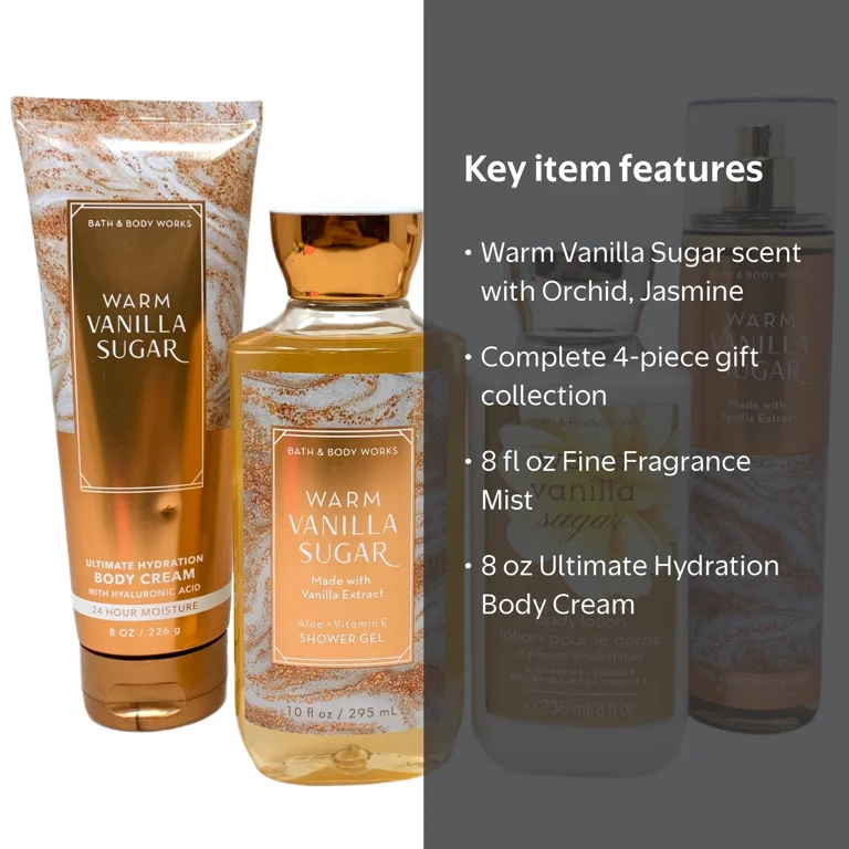 Bath and Body Works Warm Vanilla Sugar 4 Piece Gift Set - Includes