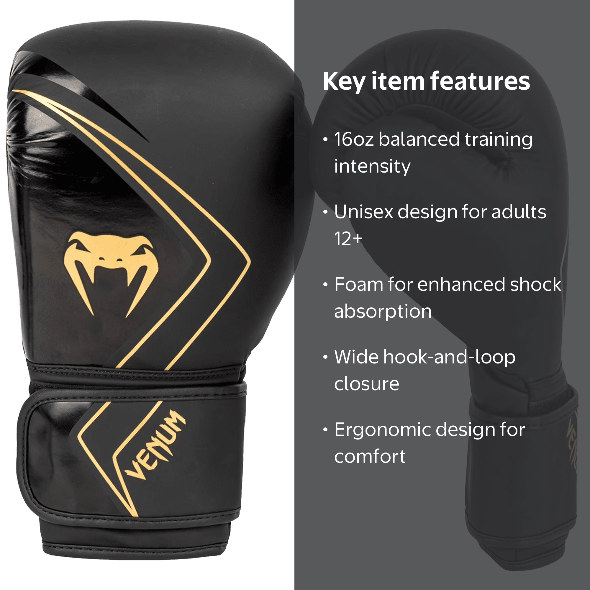 Venum Contender 2.0 Boxing Gloves - Black/Gold - 16oz - Unisex