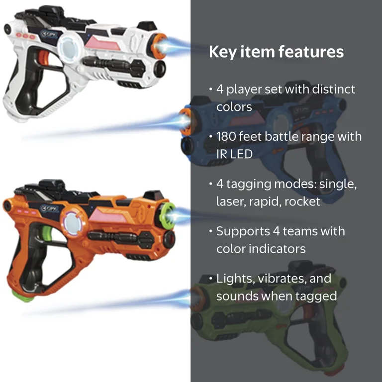 GPX, Laser Tag Blasters, 4-Blaster Set, Colors White Blue Green