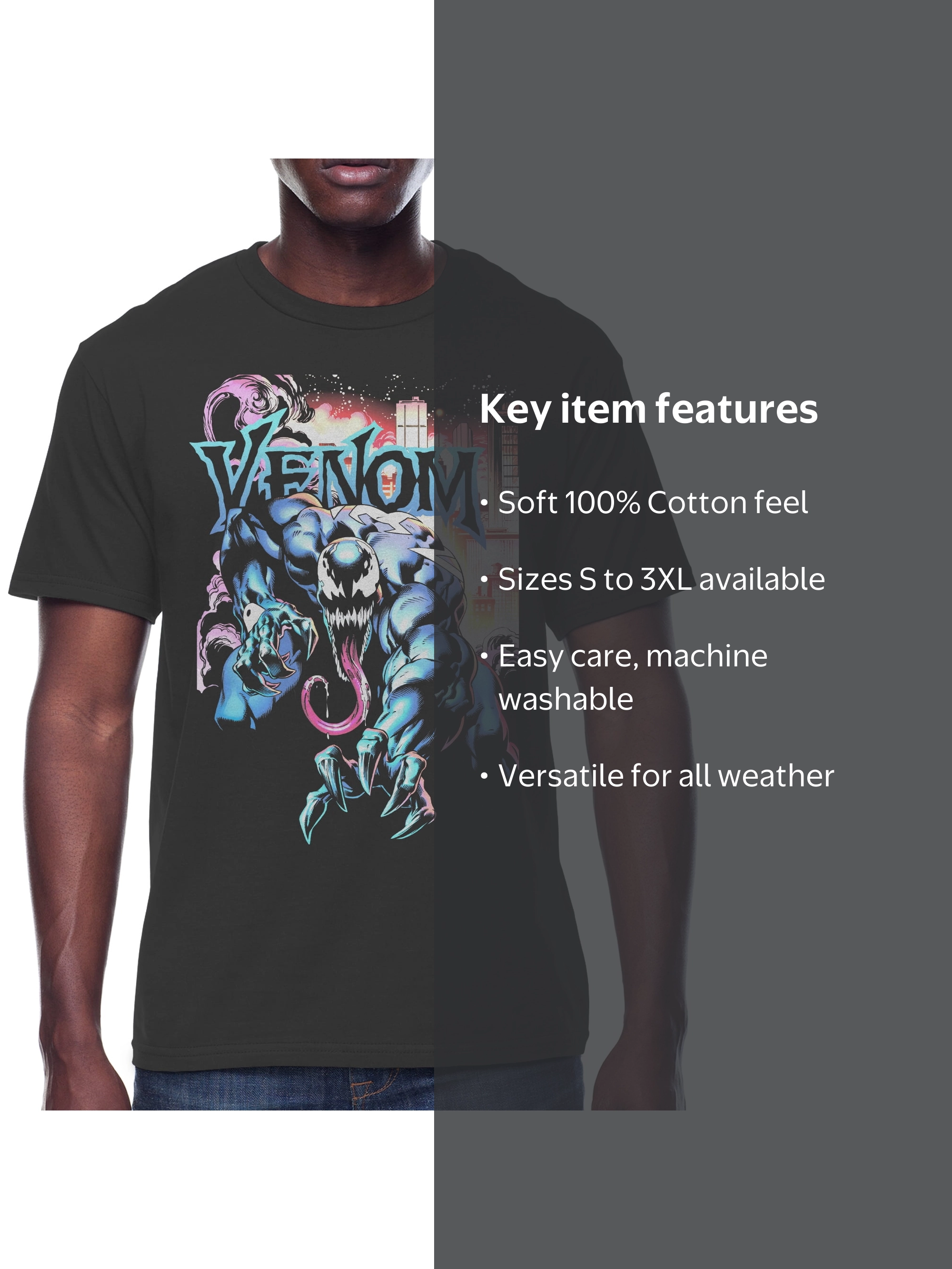 Venom Marvel, Men's & Big Men's Graphic Crew Neck T-Shirt, City