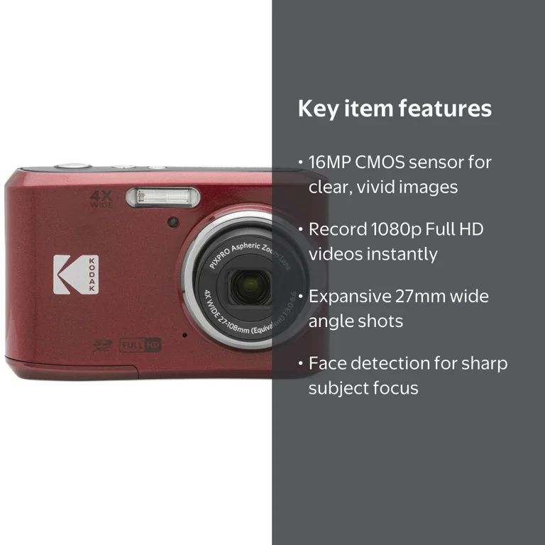 Kodak FZ45-RD Digital Camera, 16MP, 4X Optical Zoom, 27mm Wide