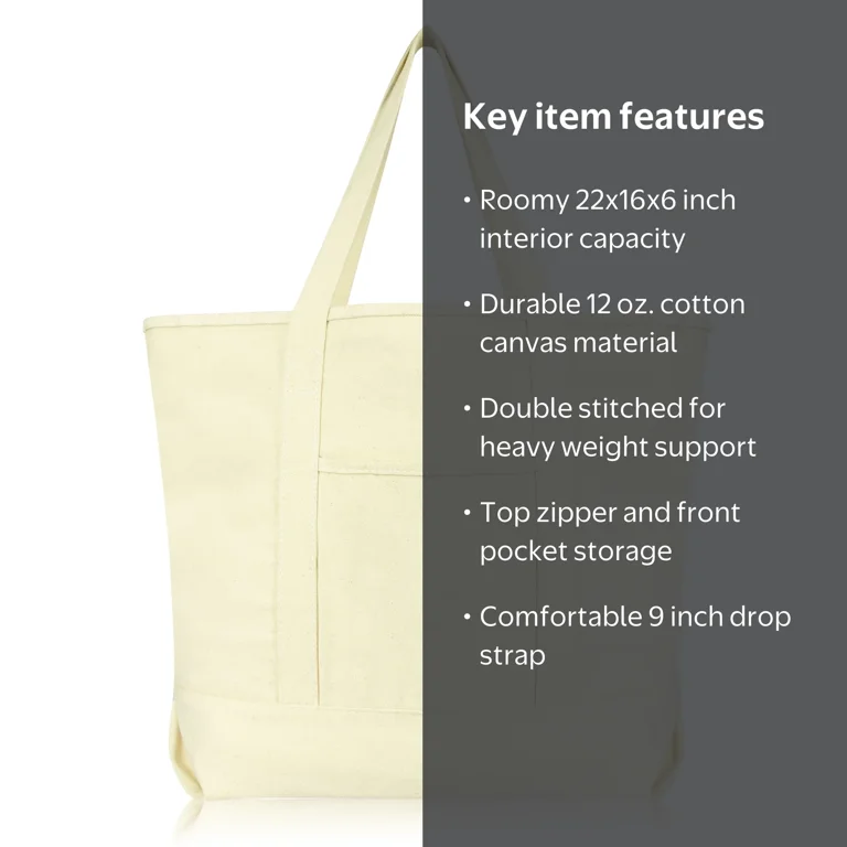 DALIX, Extra Large Cotton Canvas Shopping Tote, 22