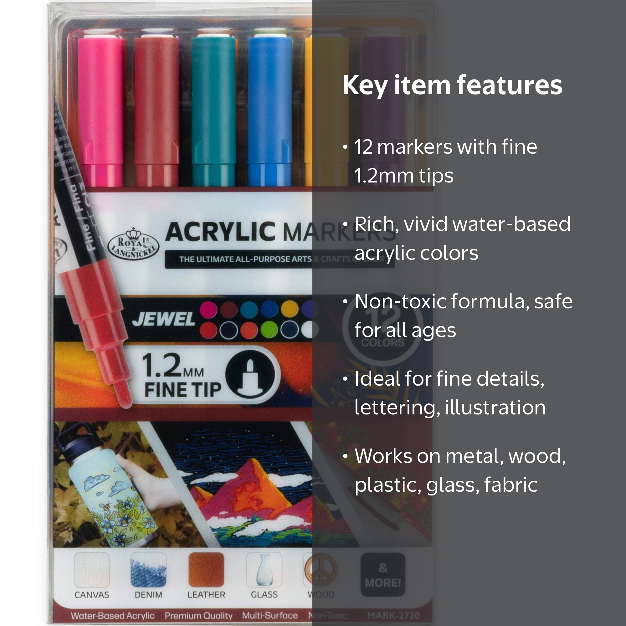 Royal & Langnickel, Acrylic Markers, 12 Piece, 1.2 mm Jewel Colors