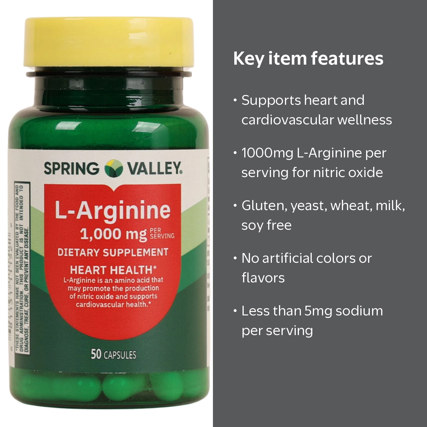 Spring Valley L-Arginine Amino Acid Supplements, 1000 mg per Serving, 50 Count HSA/FSA Eligible