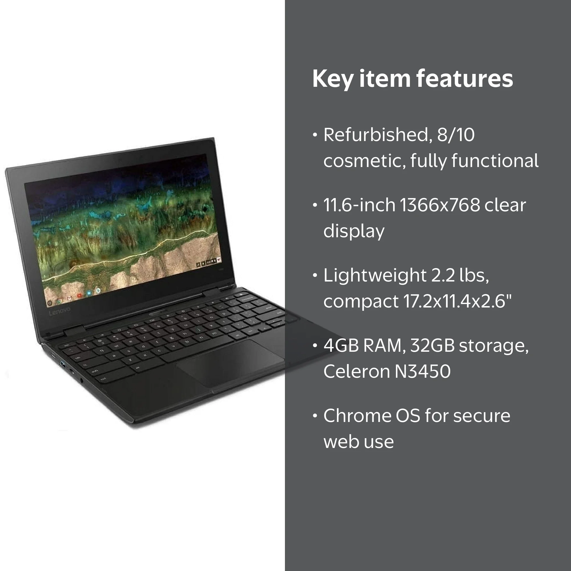 Restored Lenovo 500E Chromebook 1st Gen Celeron N3450 4GB Ram 32GB