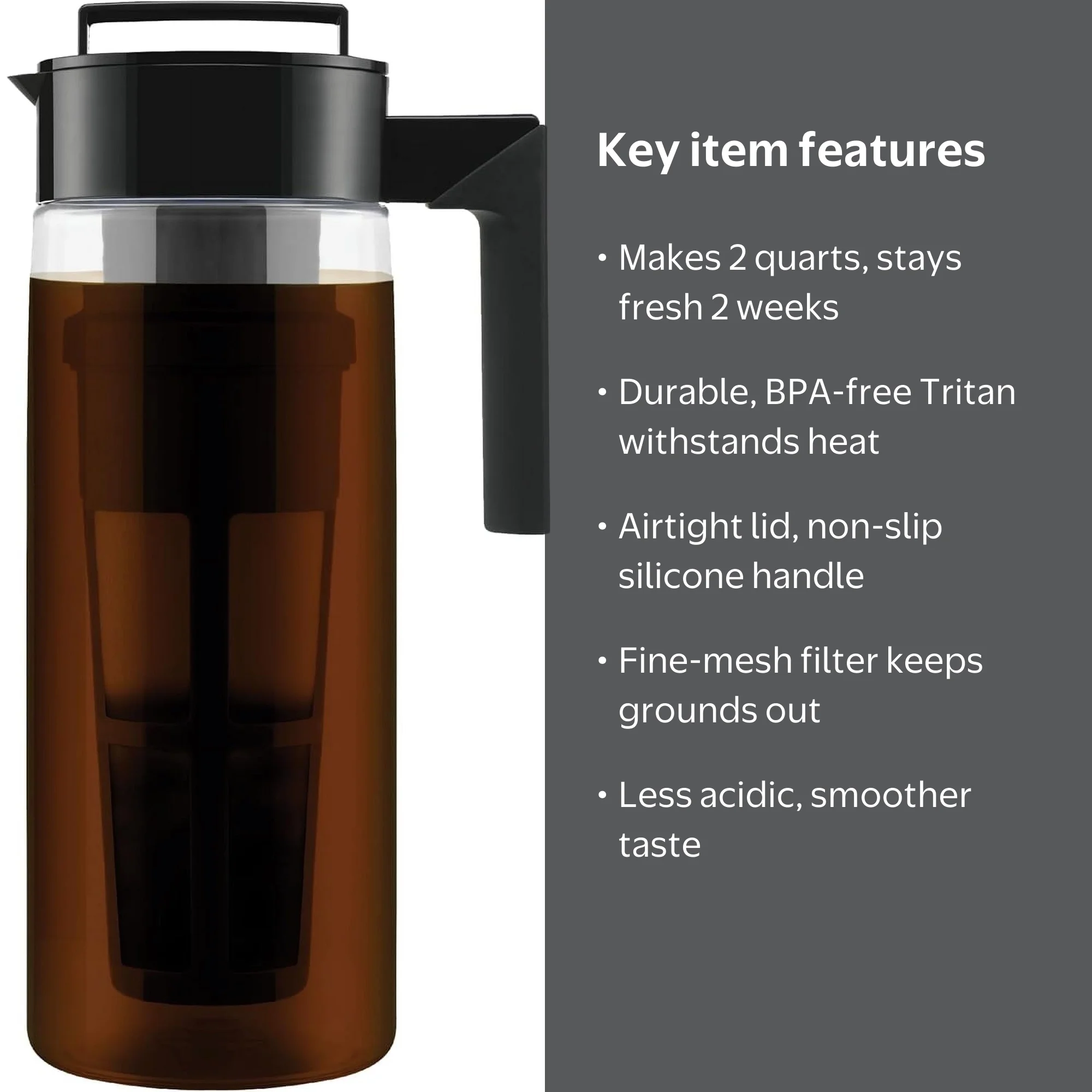 Takeya, Cold Brew Coffee Maker, 2 Quart, Airtight Black Lid
